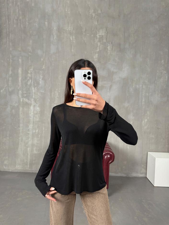 Siyah Transparan Bisiklet Yaka Triko