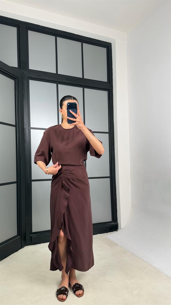Bordo Yırtmaç Detaylı Tencel Elbise GAUS-01405
