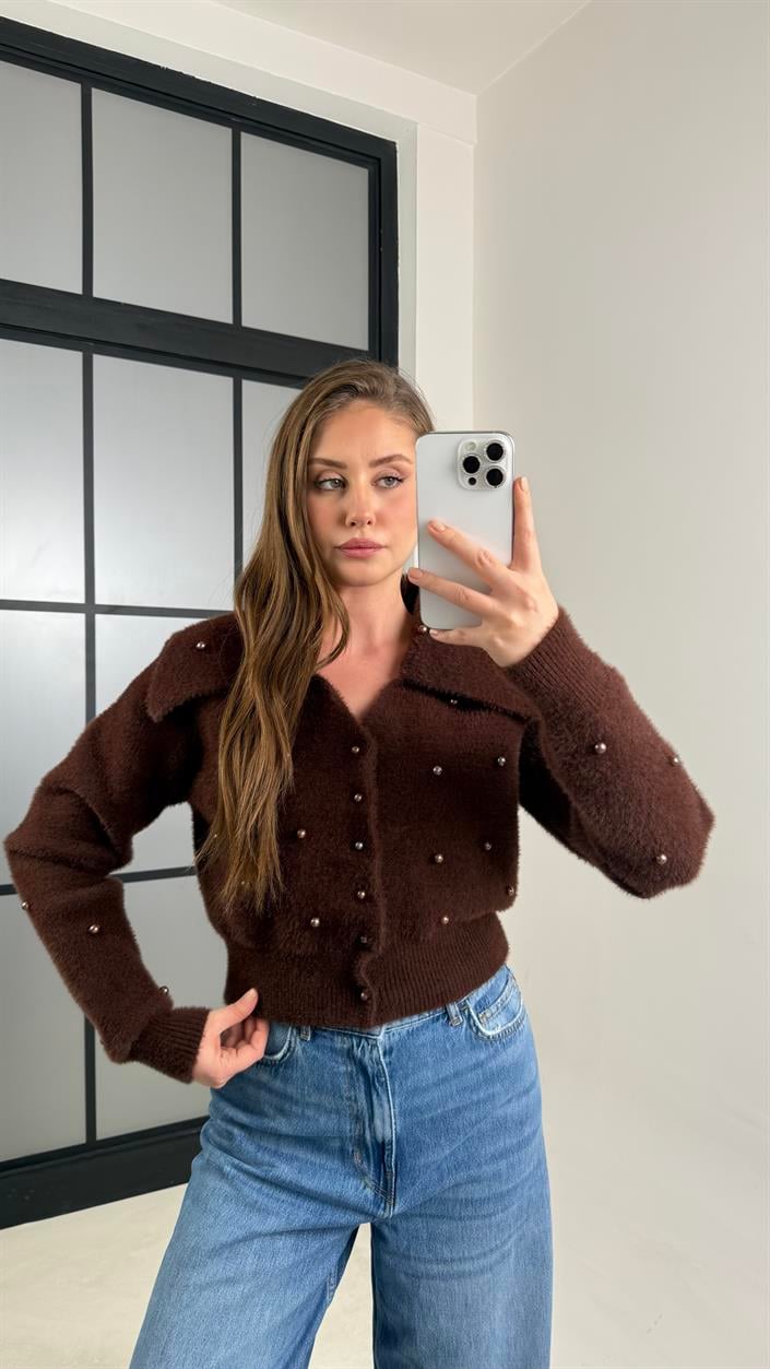 Kahve Boncuk İşlemeli Yakalı Hırka GAUS-00765