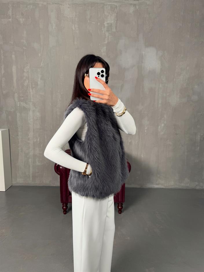 Tilly Antrasit Peluş Astarlı Kürk Yelek