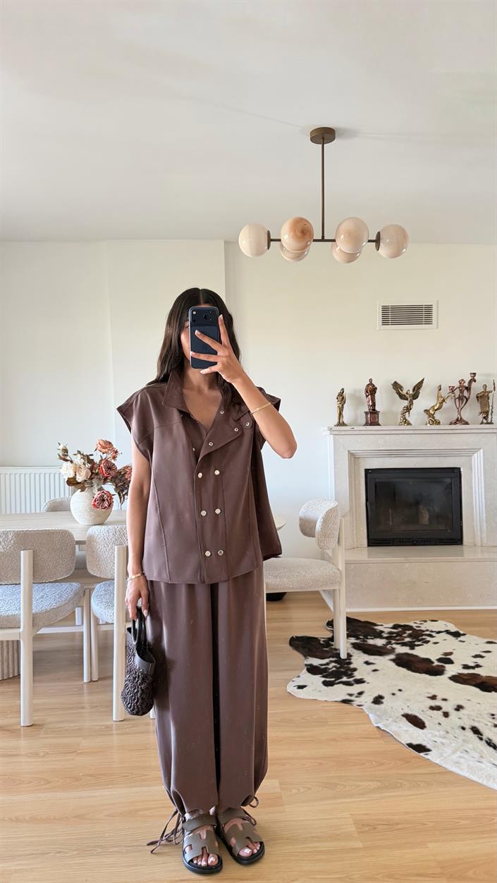 Kahve Yelek Beli Lastikli Şalvar Pantolon İkili Modal Takım GAUS-01652