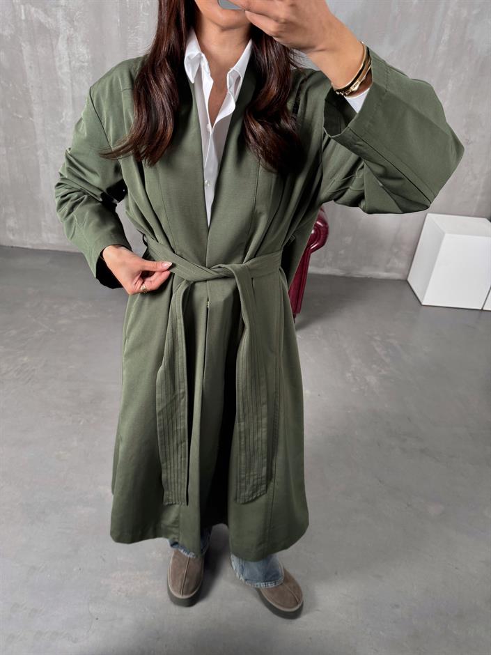 Sindy ZR Haki Muadil Premium Astarsız Kuşaklı Trençkot