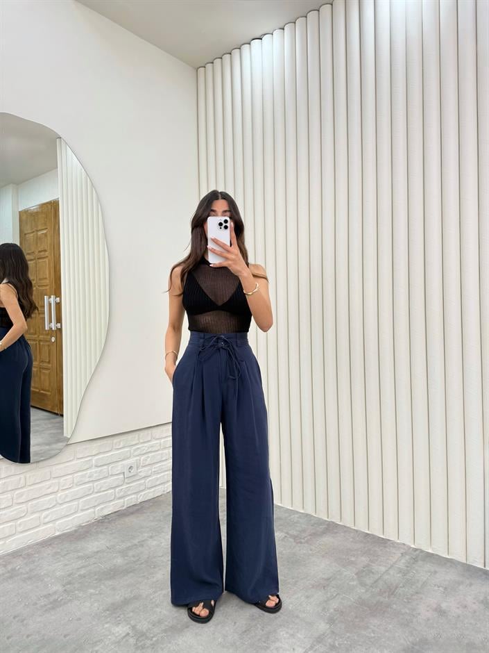 Lacivert Kuşaklı Tensel Kırışık Kumaş Palazzo Pantolon Gaus00302