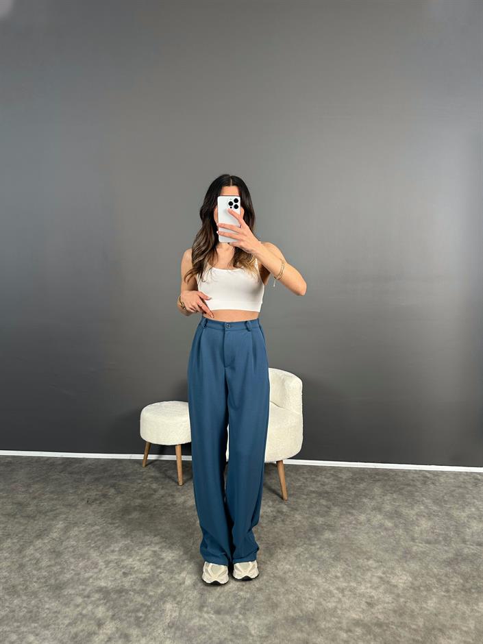Bera İndigo Mavi  Beli Lastikli Palazzo Pantolon