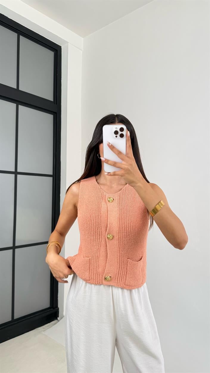 Pembe Cep Detaylı Gold Düğmeli Triko Yelek GAUS-0058