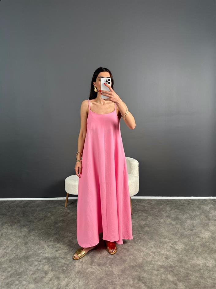 Jamin Pembe İp Askılı Uzun Elbise