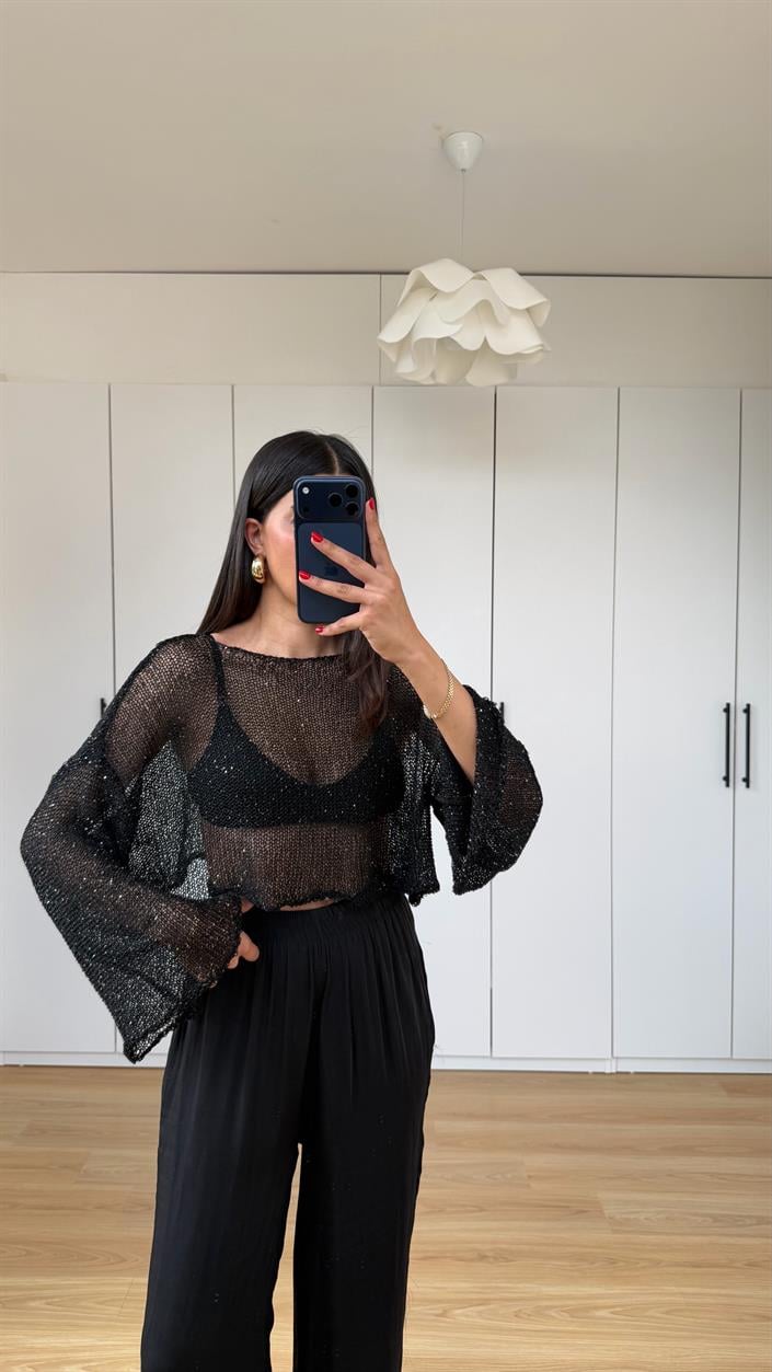 Siyah Simli Parlak Crop Bluz GAUS-01595