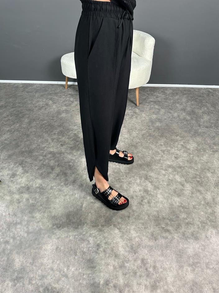 Siyah Paçası Fermuarlı Şalvar Pantolon 