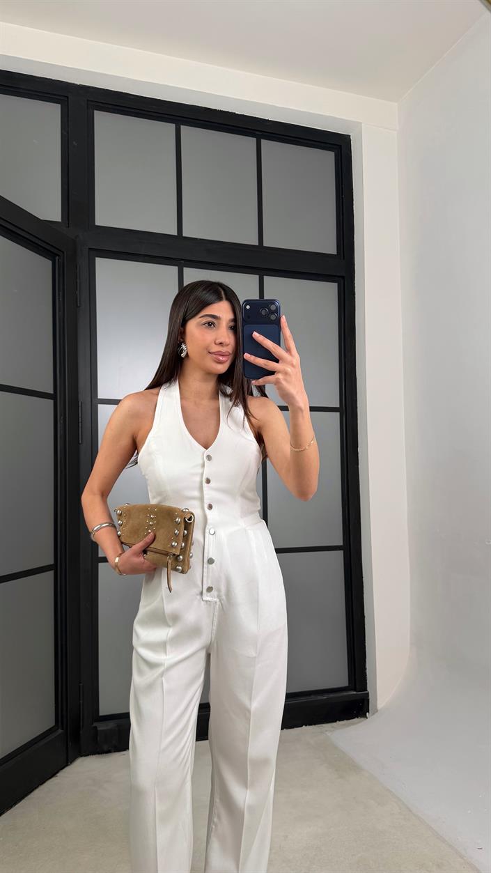 Beyaz Boyundan Bağlamalı Tasarım Tencel Denim Tulum GAUS-01357