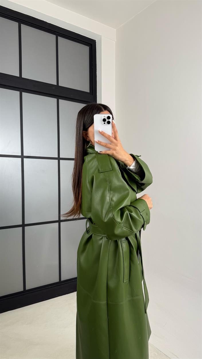 Yeşil Yırtmaç Detaylı Astarlı Premium Deri Trençkot GAUS-00575