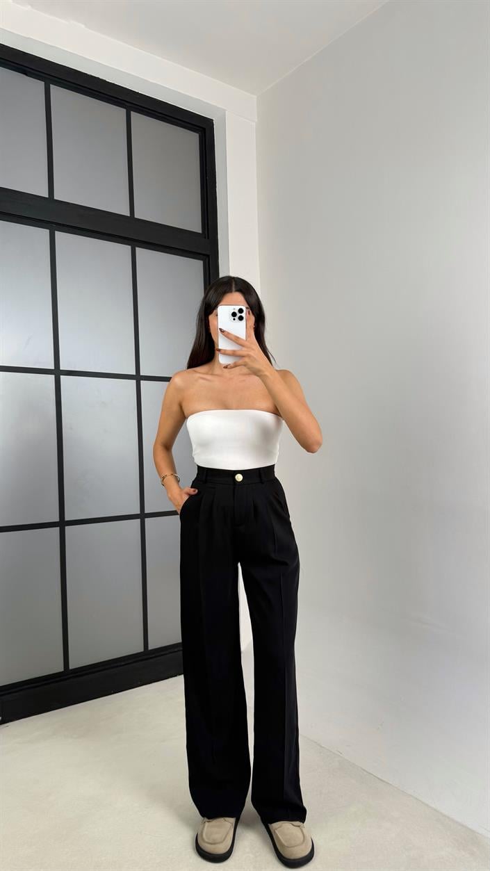 Siyah Gold Düğmeli Beli Lastikli Premium Pantolon GAUS-00141