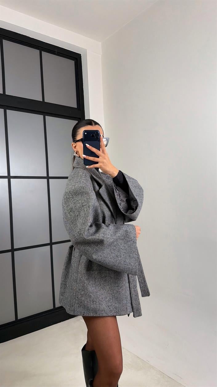 Antrasit Balıksırtı Astarlı Kuşaklı Premium Kaşe Ceket GAUS-00659