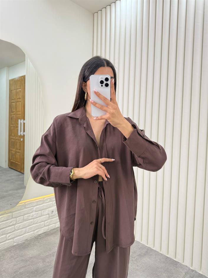 Kahve Gömlek Beli Lastikli Pantolon Premium Tensel Takım TNCL01 Gaus00322