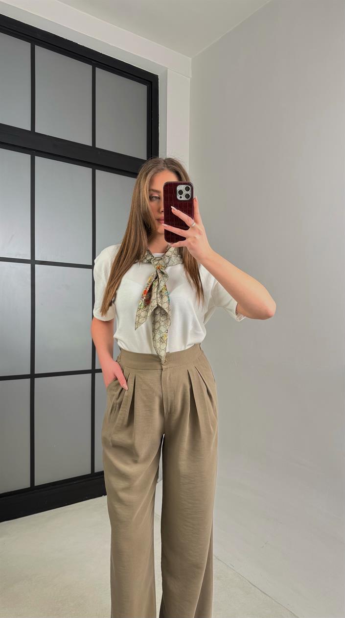 Haki Beli Lastikli Pile Detaylı Tencel Pantolon GAUS-00995
