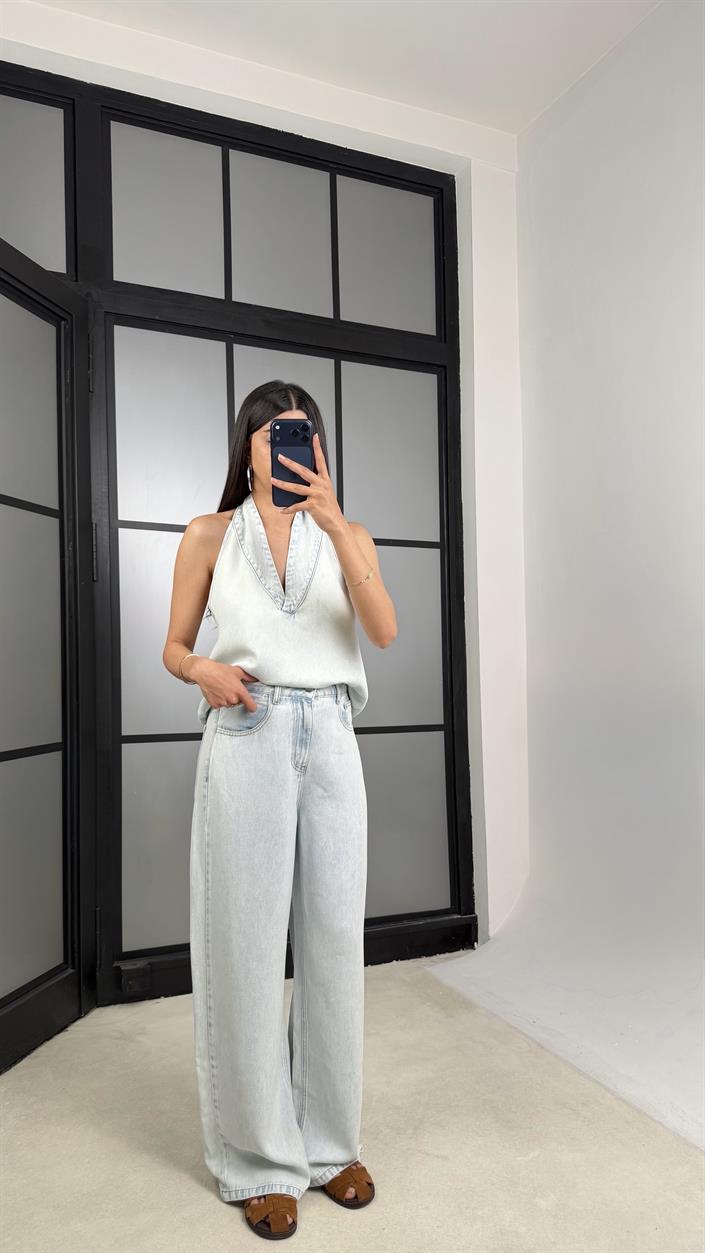 Buz Mavi Halter Yaka Tencel Denim Takım GAUS-01520