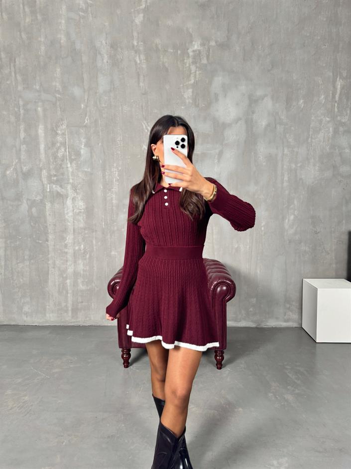 Picas Bordo Polo Yaka Triko Kazak Etek Takım