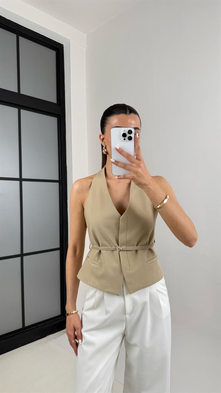 Vizon Önü Düğmeli Kemerli Tasarım Yelek Gaus00420