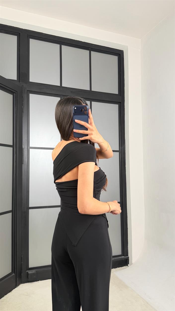 Siyah Asimetrik Bağlama Detaylı Bluz Beli Lastikli Pantolon Sandy Kumaş Takım GAUS-01509