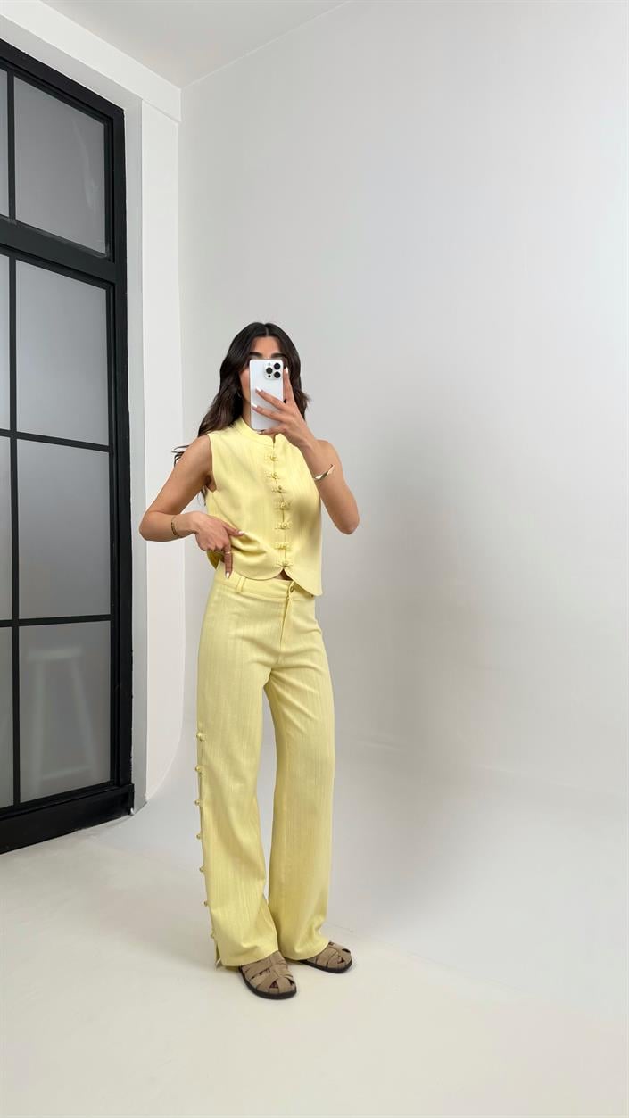 Sarı Düğmeli Tasarım Yelek Pantolon Keten Takım Gaus00339