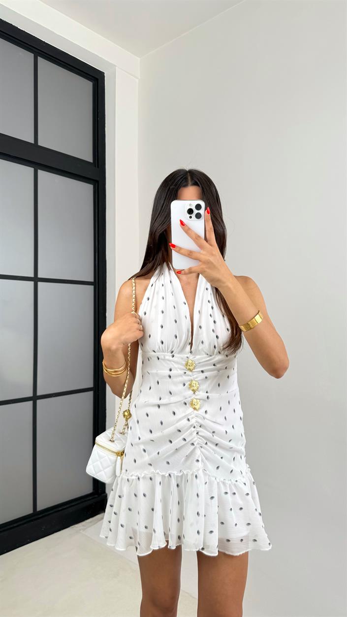 Beyaz Boyundan Bağlamalı Gold Tokalı Puantiye Desenli Tasarım Elbise GAUS-0064