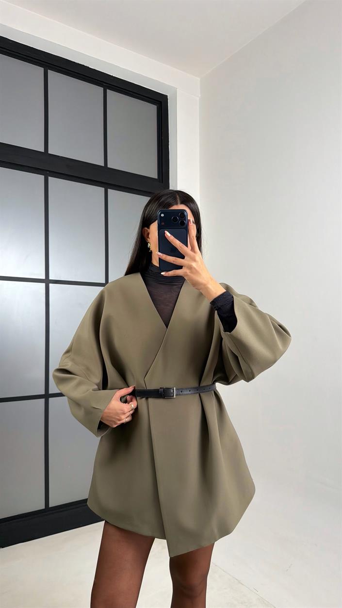 Haki Kemerli Astarlı Cepli Premium Ceket GAUS-00818