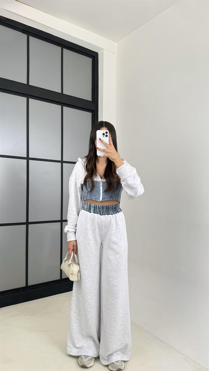 Gri Denim Detaylı Kapüşonlu Hırka Beli Lastikli Pantolon Tasarım Takım GAUS-00444