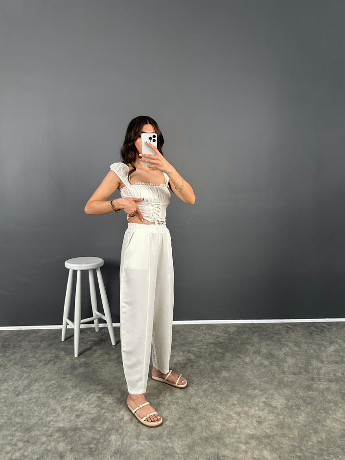 Nien Beyaz Tensel Kumaş Şalvar Pantolon