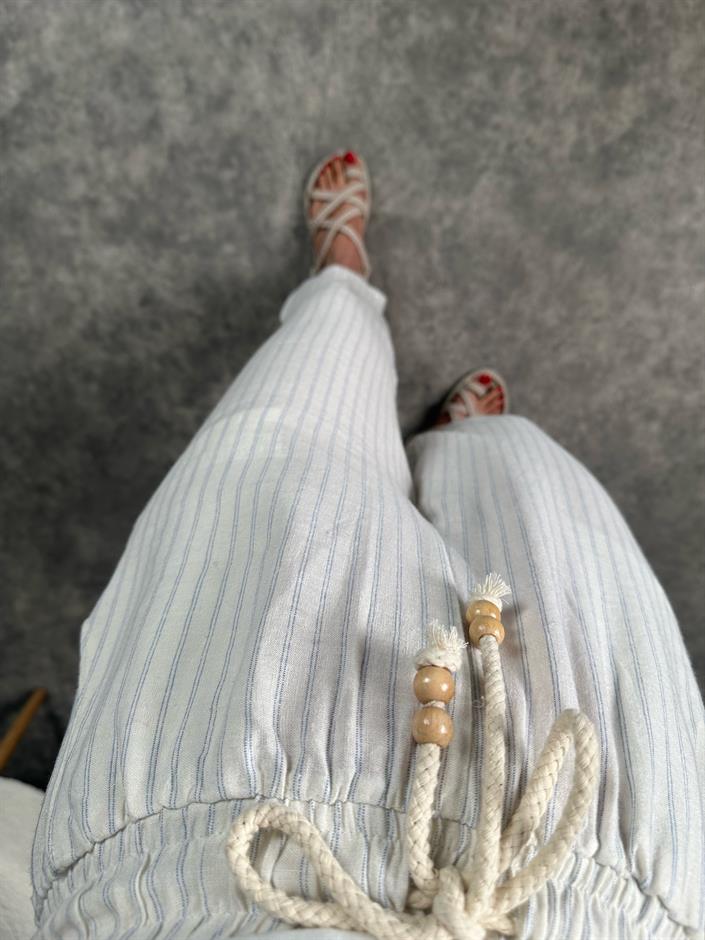 Keten Mavi Çizgili Pantolon 