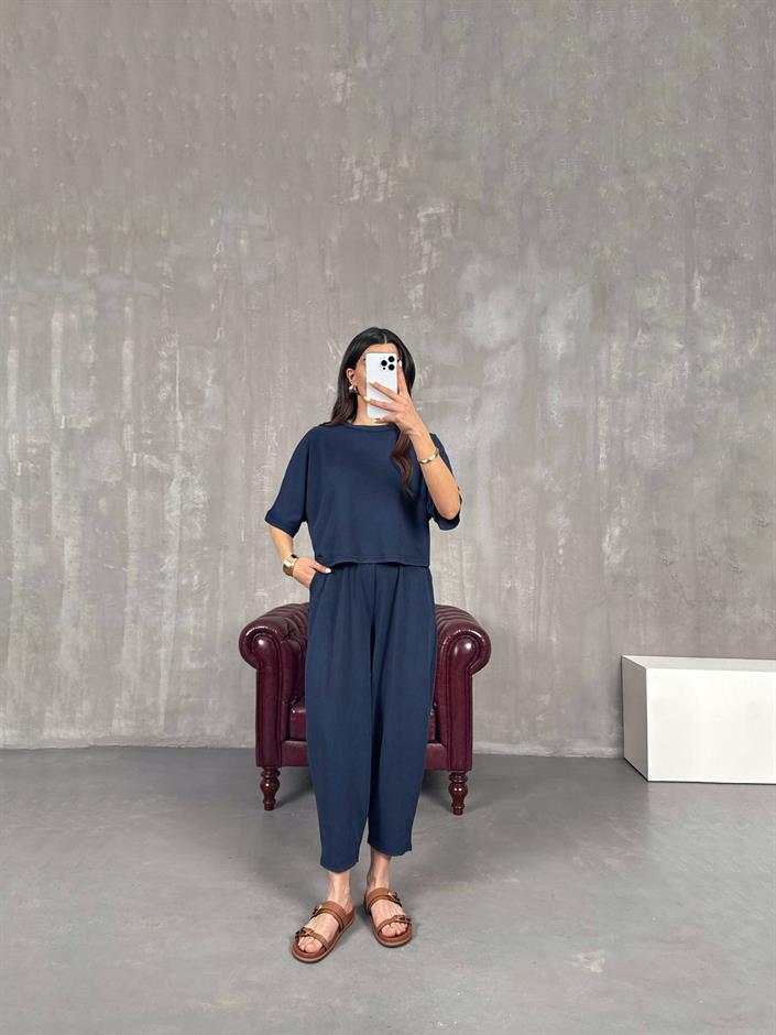 Lacivert Bisiklet Yaka Tshirt Pantolon Basic Yıkamalı Modal Takım Gaus00143
