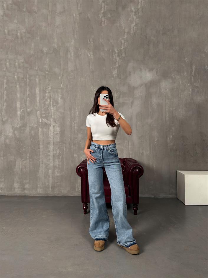 Chest Açık Mavi Paça Detaylı Wide Leg Jean