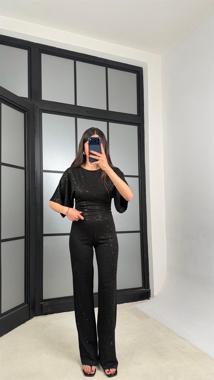 Siyah Simli Bluz Beli Lastikli Pantolon İkili Takım GAUS-01554