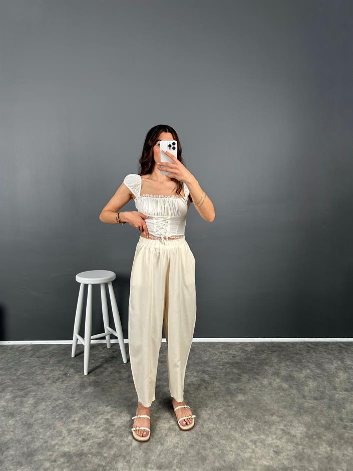 Nien Krem Tensel Kumaş Şalvar Pantolon