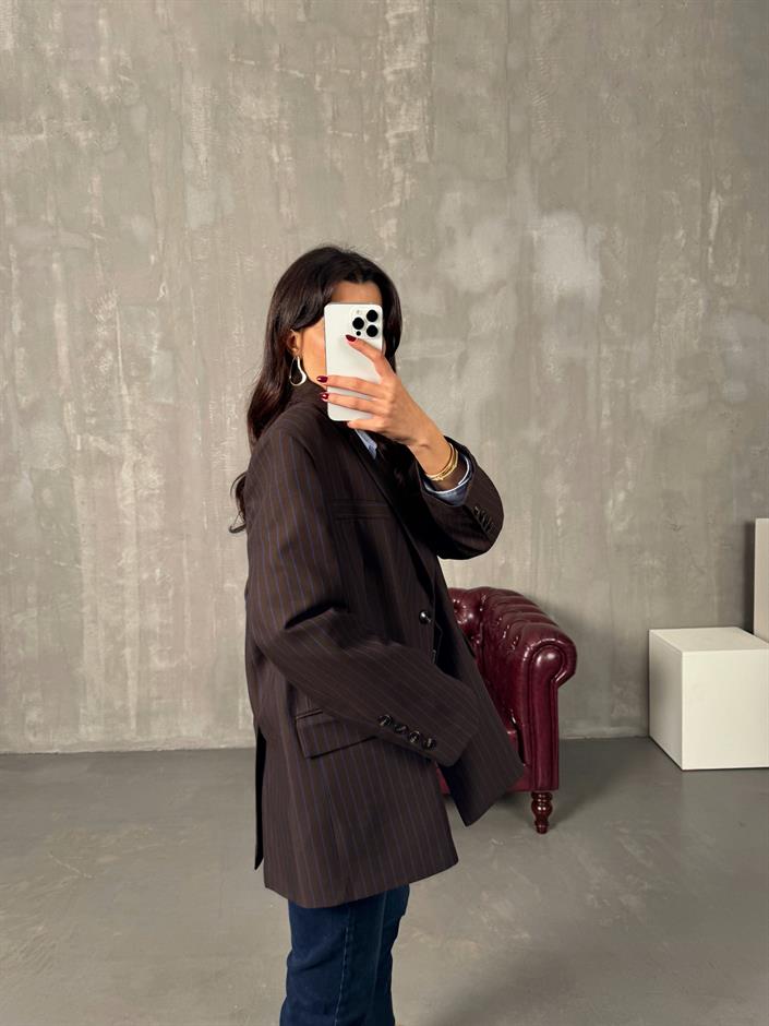 Anna Kahve Çizgili Astarlı Blazer Ceket