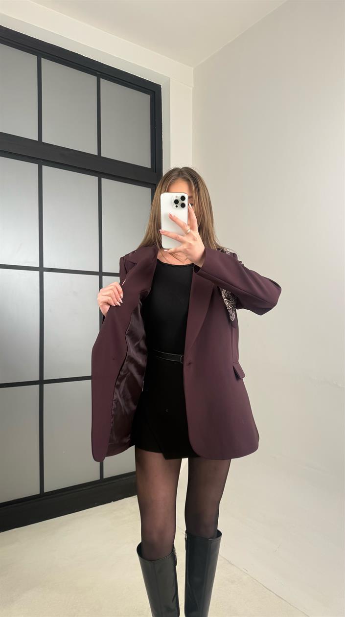 Mürdüm Astarlı Vatkalı Fular Detaylı Blazer Ceket GAUS-00976