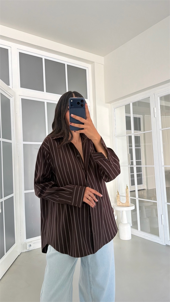 Kahve Çizgili Oversize Gömlek GAUS-01950