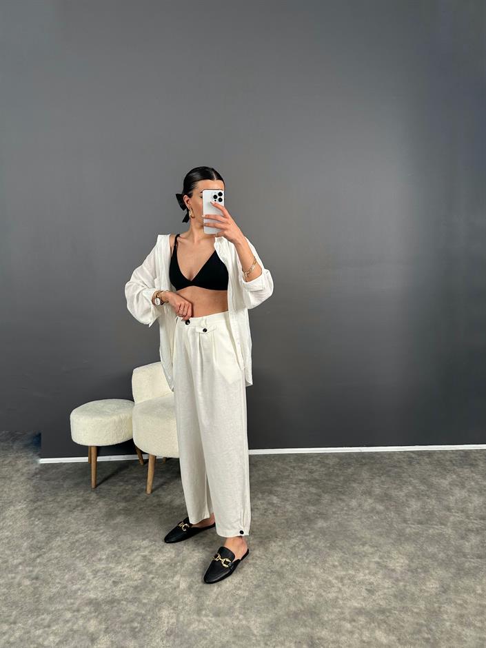 Premium Beyaz Keten Düğme Detaylı Pantolon 