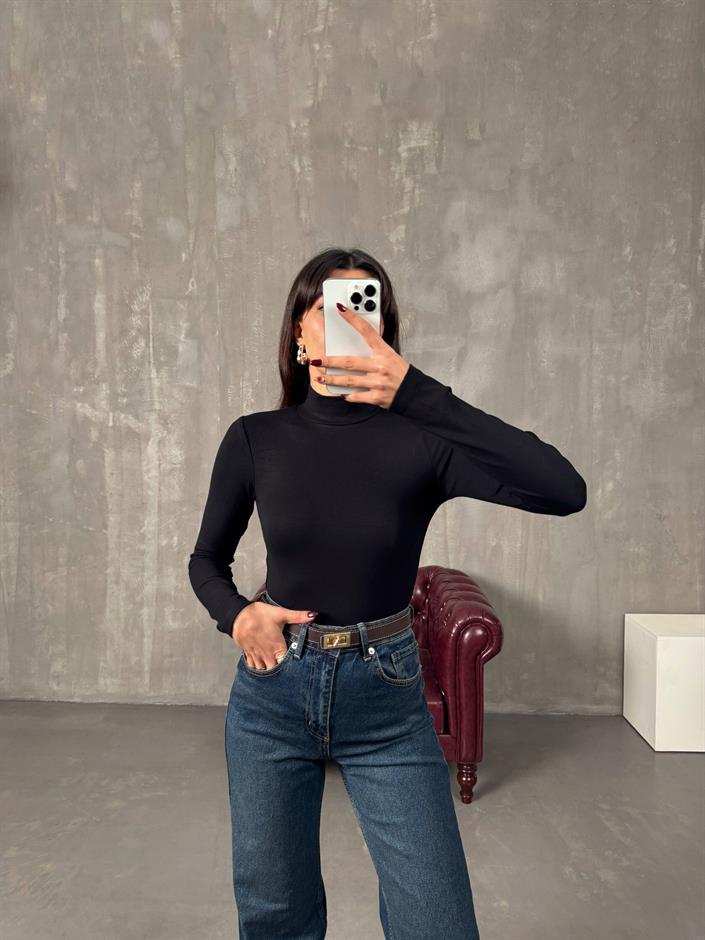 Javed Siyah Yarım Balıkçı Yaka Oys Bluz