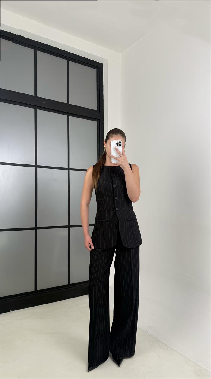 Siyah Çizgili Yelek Pantolon Kumaş Takım GAUS-00495