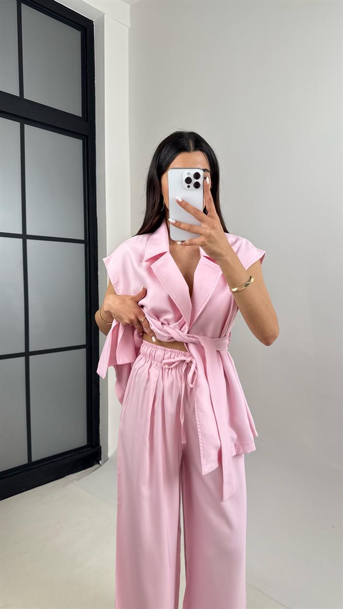 Pembe Cepli Kuşaklı Yelek Beli Lastikli Pantolon Tencel Takım Gaus00433