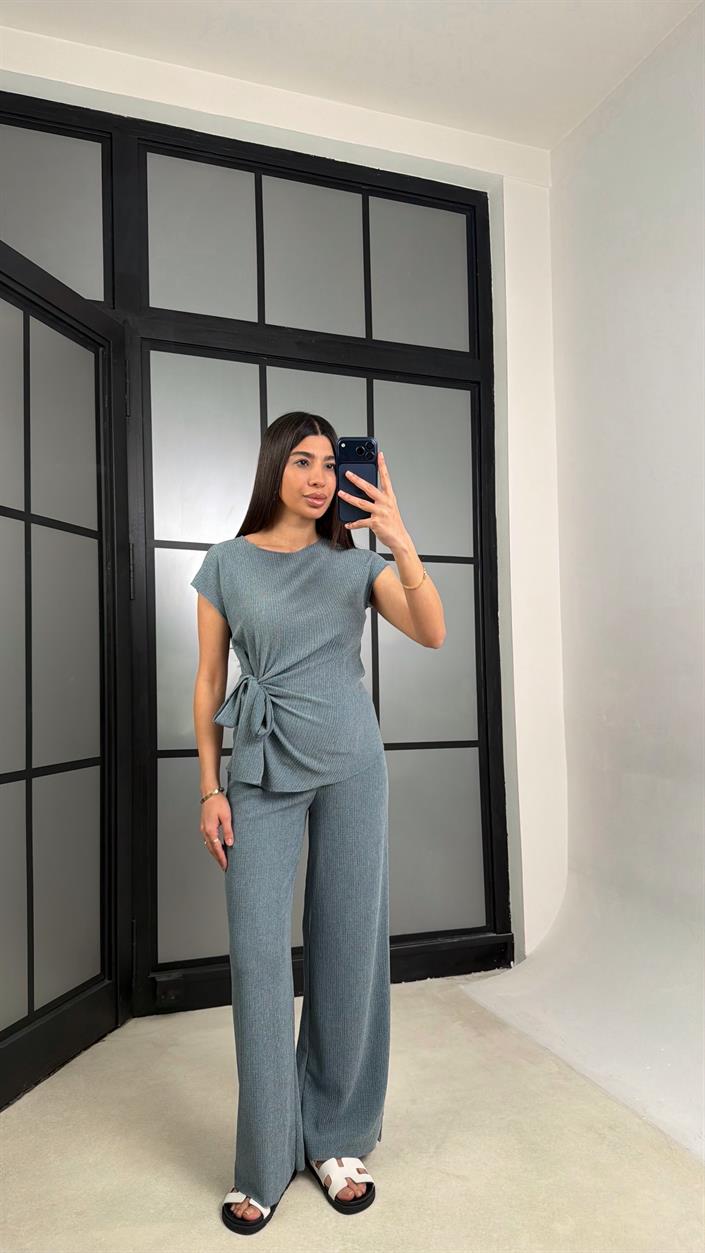 Mavi Bağlama Detaylı Bluz Beli Lastikli Pantolon Krinkıl Kumaş Takım GAUS-01308