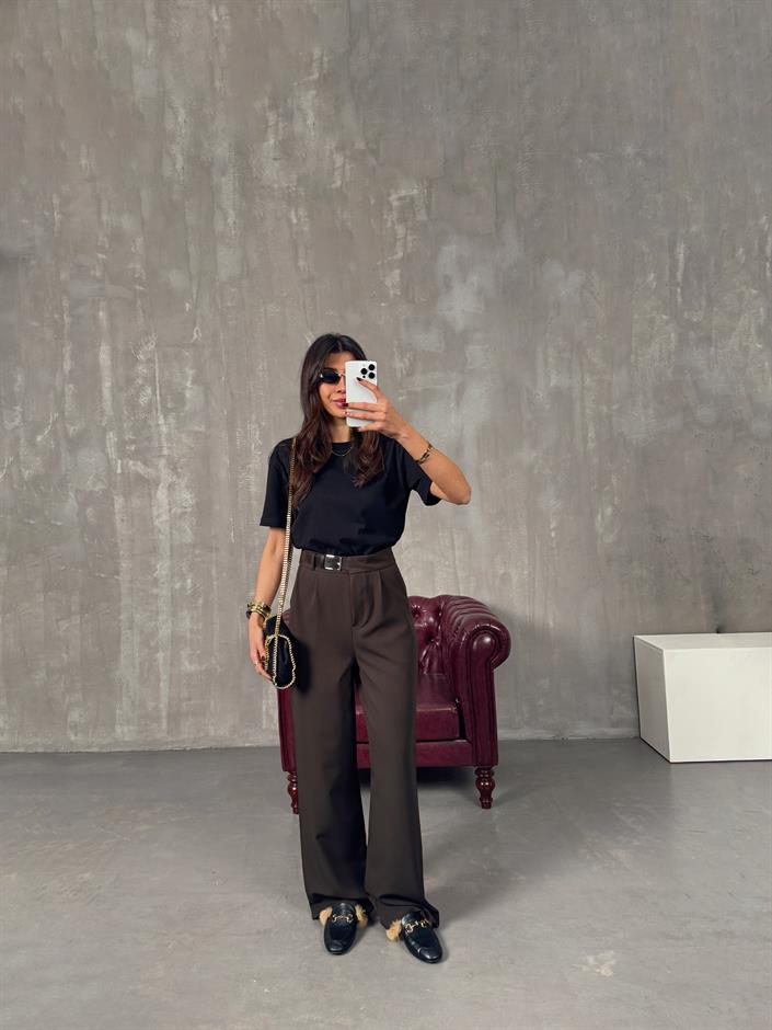 Mocha Acı Kahve Kemer Detaylı Palazzo Pantolon