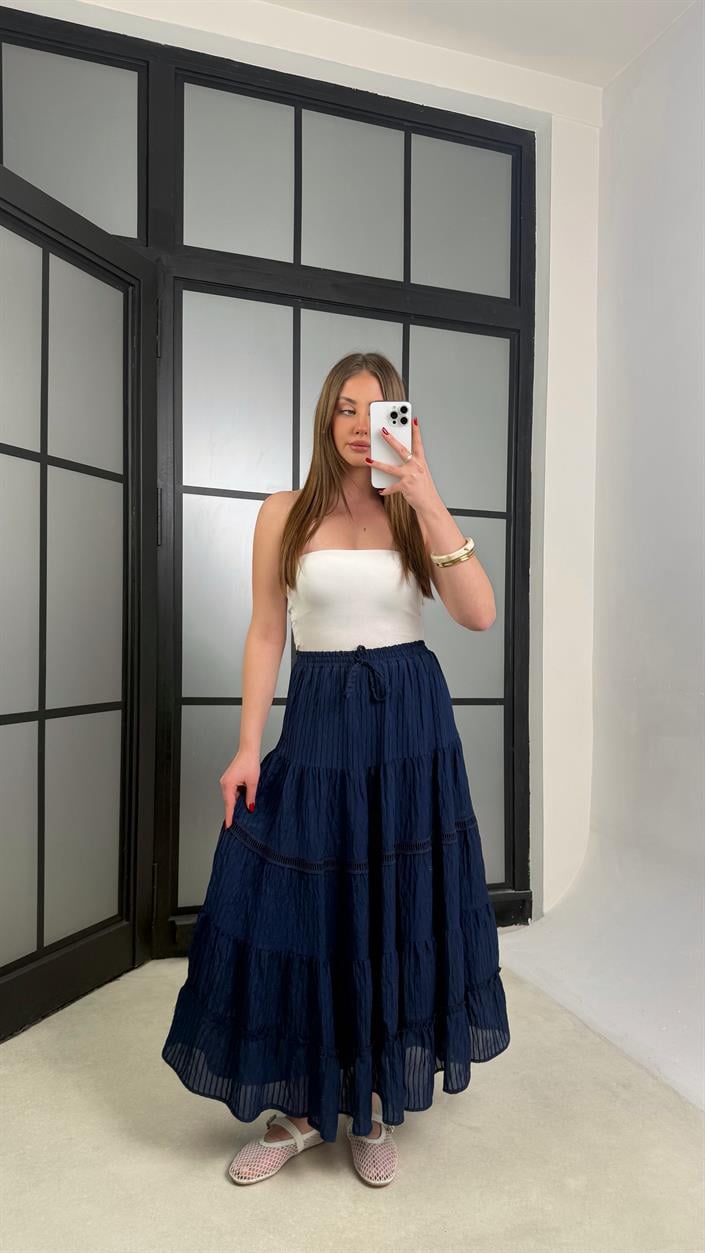 Lacivert Beli Lastikli Nakış Detaylı Astarlı Etek GAUS-01242