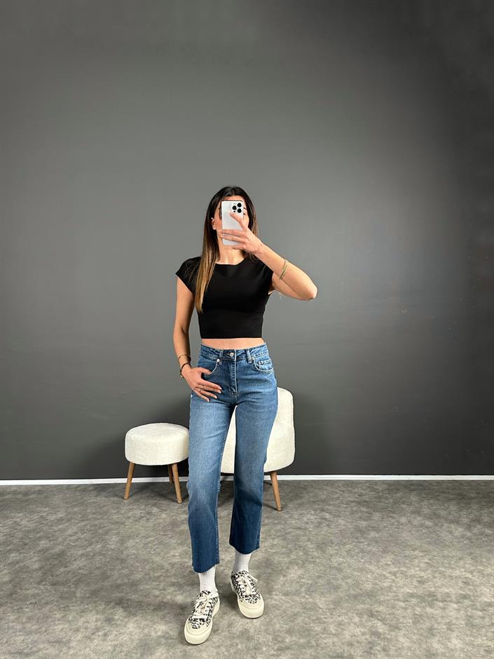 ZR Mavi Kesik Paça High Waist Jean