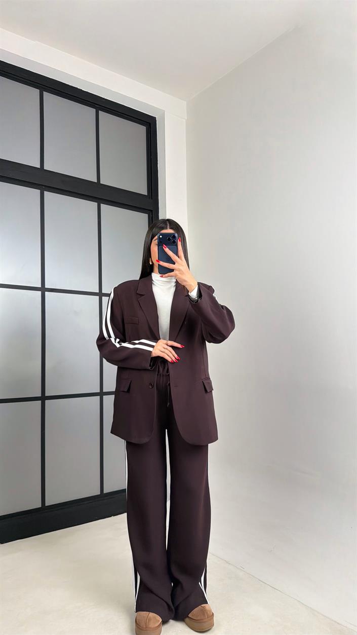 Acı Kahve Astarlı Vatkalı Blazer Ceket Beli Lastikli Pantolon Şerit Detaylı Tencel Kumaş Takım GAUS-00934