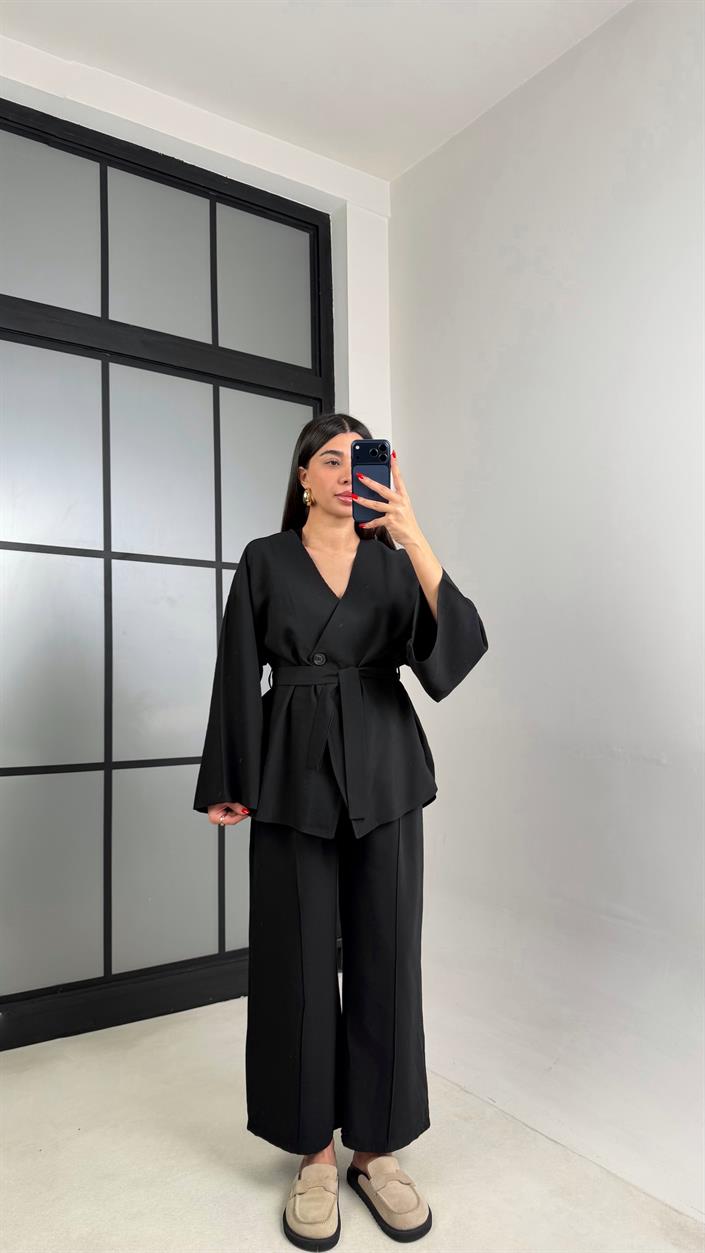 Siyah Tek Düğmeli Kuşaklı Ceket Beli Lastikli Pantolon Modal Takım GAUS-00985