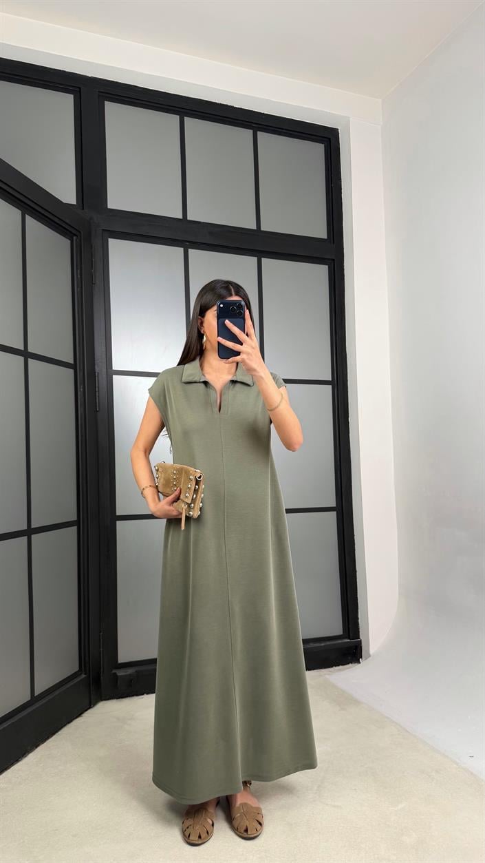 Haki MD Muadil Polo Yaka Cepli Basic Elbise GAUS-01330