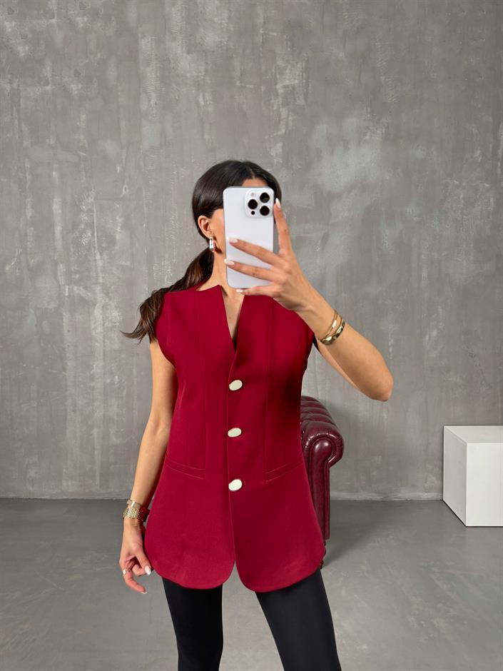 Bonar Bordo Düğmeli Astarlı Yelek