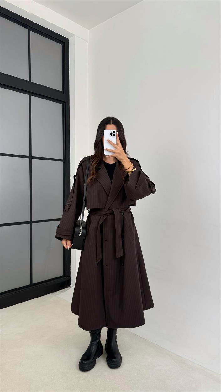 Kahve Mavi Çizgi Detaylı Kuşaklı Astarlı Premium Uzun Trençkot GAUS-00120