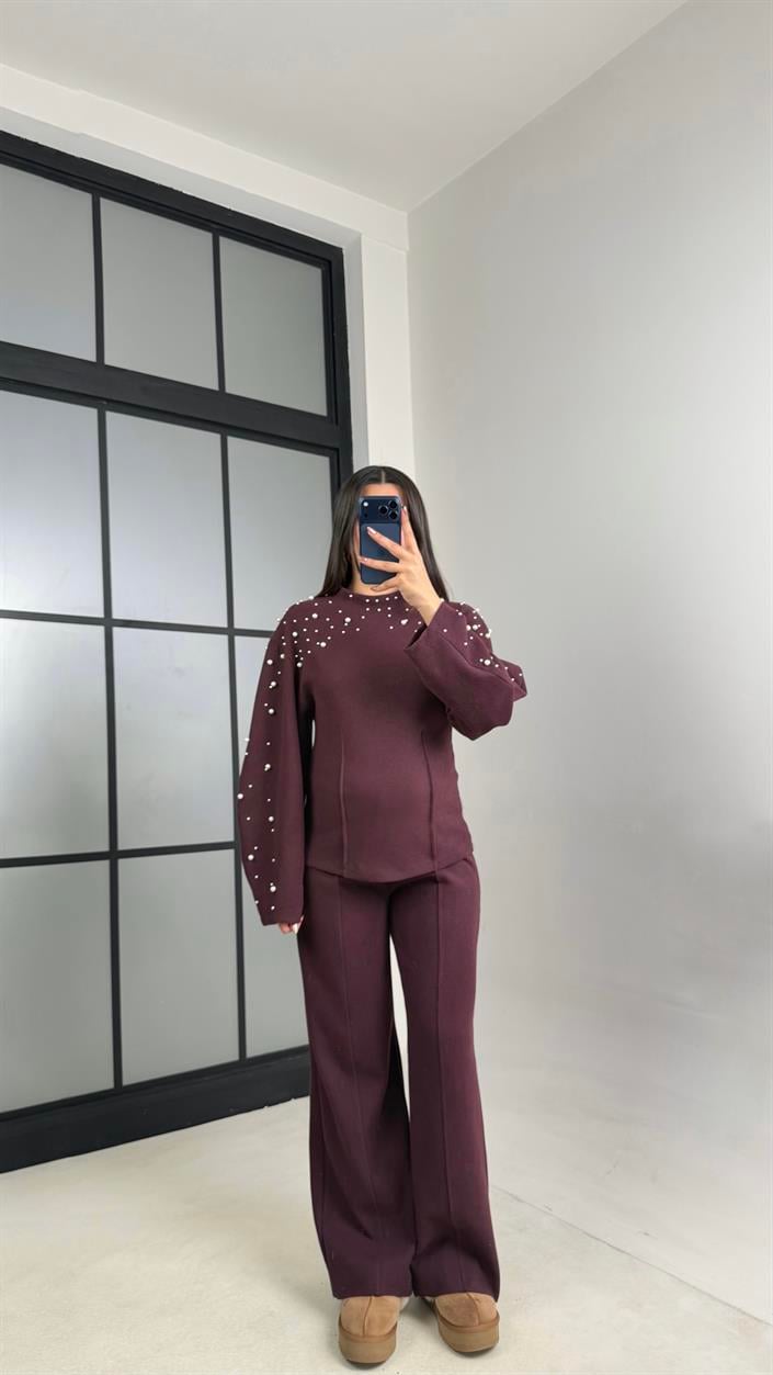 Mürdüm İnci İşleme Detaylı Kazak Pantolon Selanik Triko Takım GAUS-01069