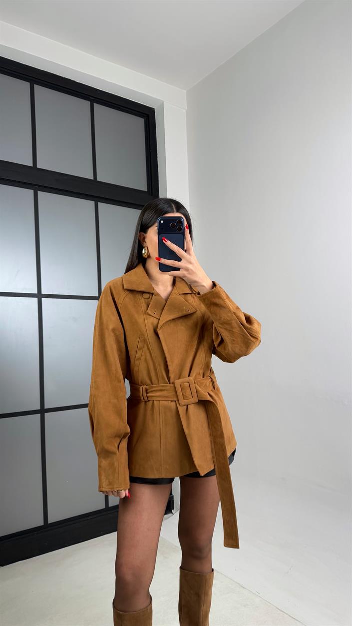 Camel Kemerli Astarlı Süet Ceket GAUS-01010
